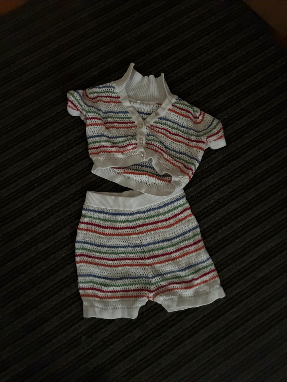 White Knit Two-Piece Baby Set with Red, Blue & Green Stripes